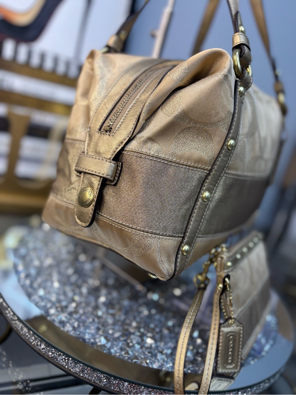 Coach 2008 Signature Stripe Studded Lurex Satchel w/matching wristlet EUC - Picture 7 of 15